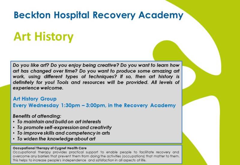 A poster advertising Art History classes at the Recovery Academy