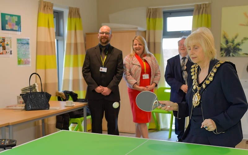 The Mayor of Barnsley showing off her table tennis skills