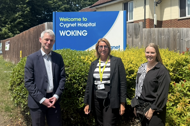 MP Will Forster with Carla Roadnight, Hospital Manager and Courtney Greene, Head of Occupational Therapy at Cygnet Hospital Woking
