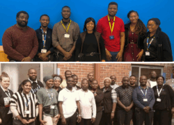 Two group photos of staff members. The top photo shows a team standing indoors against a bright blue wall, wearing ID badges and lanyards. The bottom photo shows a team standing outside in front of a red brick building, also wearing ID badges and lanyards. Both groups are gathered for a recognition of their accreditation event.
