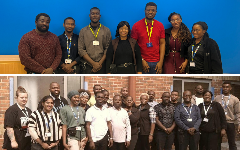 Two group photos of staff members. The top photo shows a team standing indoors against a bright blue wall, wearing ID badges and lanyards. The bottom photo shows a team standing outside in front of a red brick building, also wearing ID badges and lanyards. Both groups are gathered for a recognition of their accreditation event.