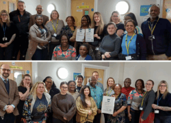 Two group photos taken indoors at Cygnet Hospital Woking, showing staff members standing together in front of wooden doors and white walls. Several people are holding framed certificates, indicating a celebration.