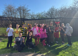 A group of people dressed in a variety of animal‑themed costumes standing together outdoors on a sunny day. Costumes include bee outfits, pink animal‑themed accessories, a red creature costume and a grey animal hoodie.
