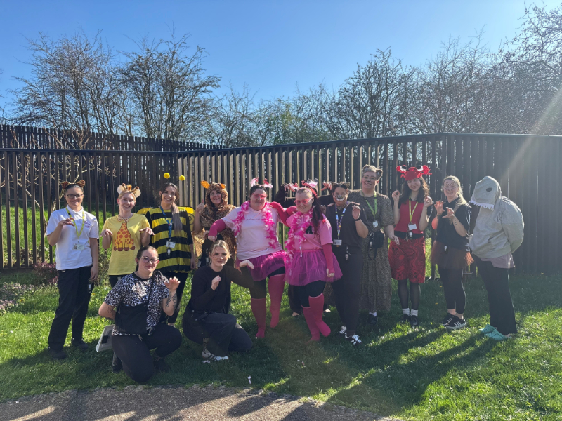 A group of people dressed in a variety of animal‑themed costumes standing together outdoors on a sunny day. Costumes include bee outfits, pink animal‑themed accessories, a red creature costume and a grey animal hoodie.