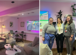 Two images showing the new social hub at Cygnet Alders Clinic. The first image displays a comfortable lounge-style space with sofas, soft pink lighting, wall art, plants, and a large television with a games console. The second image shows three staff members smiling and standing together in the hub, with a background featuring a wall-mounted TV, plants on a shelf, and part of the refreshment area.