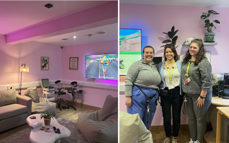 Two images showing the new social hub at Cygnet Alders Clinic. The first image displays a comfortable lounge-style space with sofas, soft pink lighting, wall art, plants, and a large television with a games console. The second image shows three staff members smiling and standing together in the hub, with a background featuring a wall-mounted TV, plants on a shelf, and part of the refreshment area.