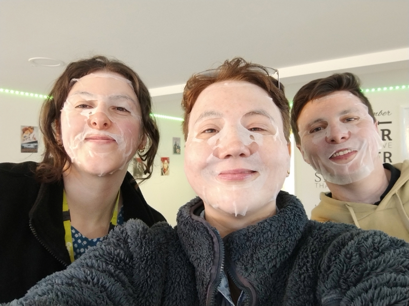 Three members of the Cygnet Sherwood House team pose in a selfie wearing full facial skincare masks