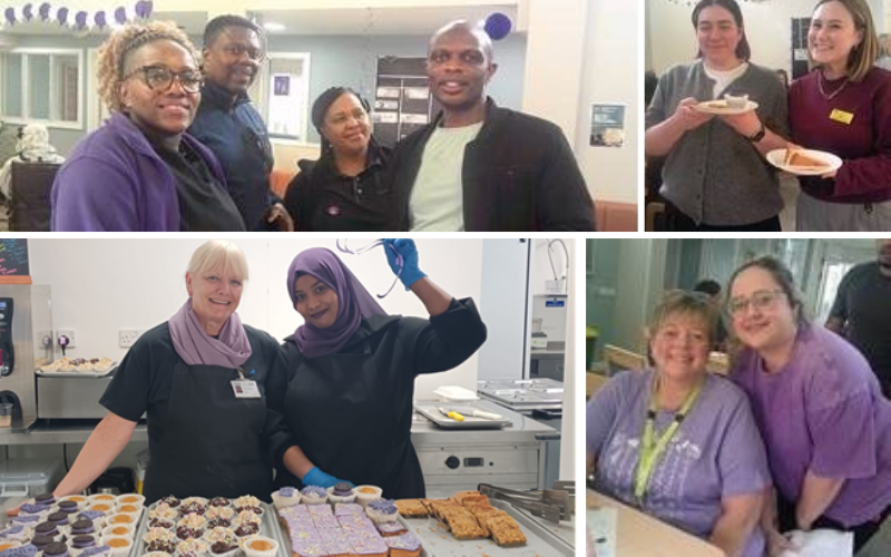 Collage of photos showing staff and people supported at Cygnet Heathers taking part in a charity bake sale, with trays of homemade cakes, purple decorations, raffle tickets, and individuals holding plates of baked treats inside the hospital.