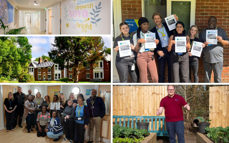 A collage of Cygnet's shortlisted projects and teams. Top left shows a colourful newly refurbished wall at Cygnet Elowen Hospital Middle left is the exterior of Cygnet Elowen Hospital with two trees in the foreground. Bottom left is the Cygnet Hospital Woking team smiling Top right features members of the Cygnet Hospital Harrow team celebrating a double shortlisting Bottom right shows Cygnet Hospital Kewstoke's farm project with a team member in the centre giving a thumbs up